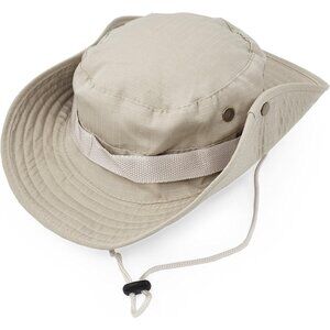 Unisex Beige 100%Polyester Wide Brim Boonie With Chin Strap Classic Bush Sun Hat